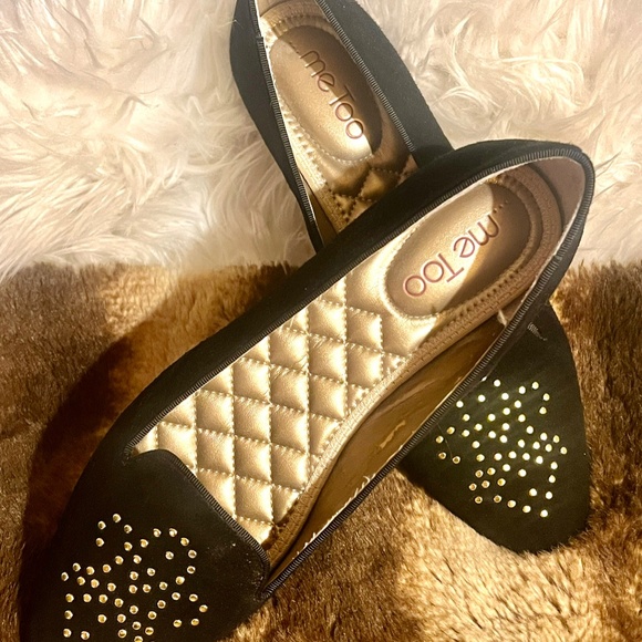 Me Too Black Suede with Gold-Studded Fleur de Lis Smoking Flats! So Chic! Sz. 8M - Picture 2 of 8